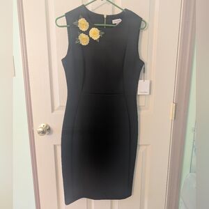 Calvin Klein Size 8 Black Sheath Dress with Yellow Floral Details
